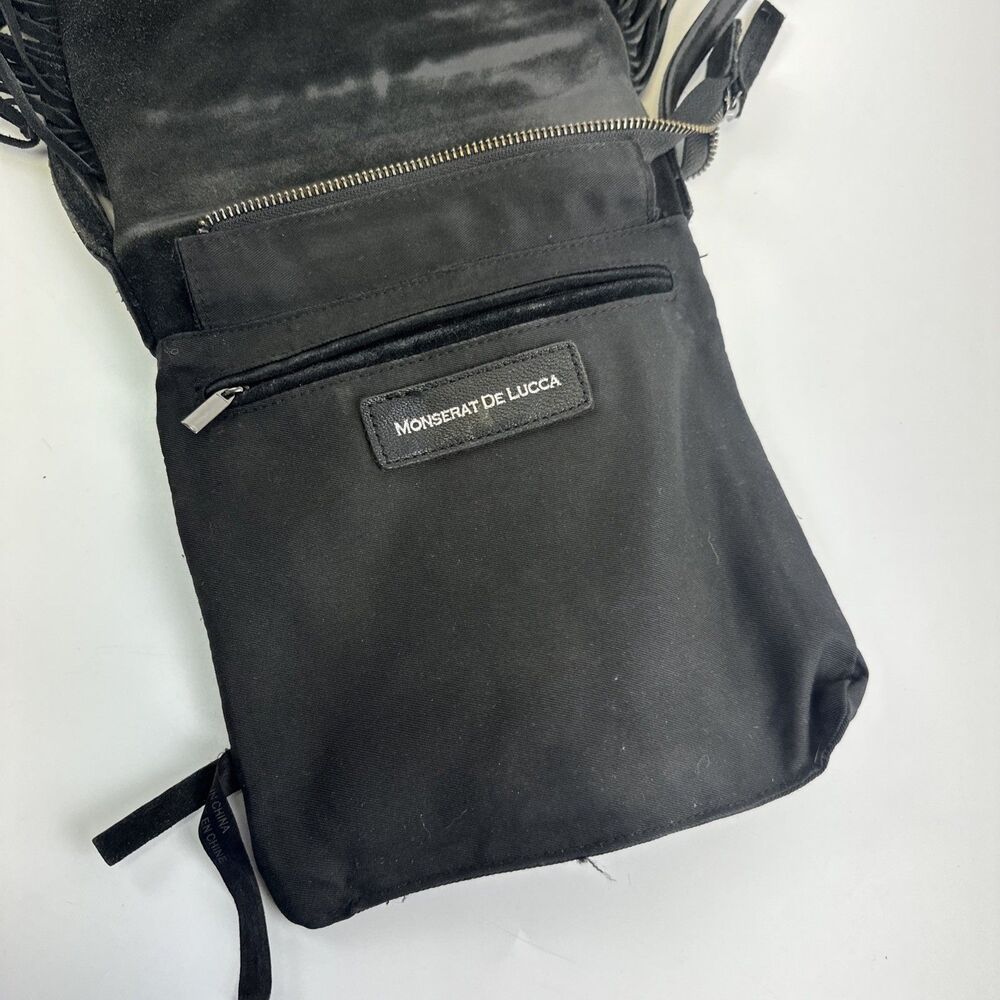 Monserat de Lucca Black Suede Fringe Trim Purse Crossbody Bag Zip Festival Boho - Picture 15 of 16